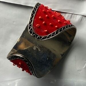 Unique Red Textured Cuff Bracelet Statement Silver Tone Metal
